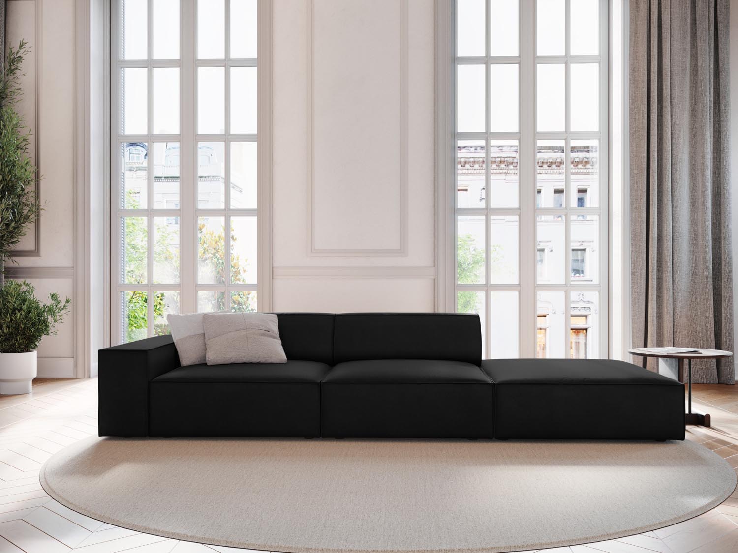 Elegantes Jodie Velour Sofa in Schwarz-Bluvel, modulares 3-Sitzer L-Sofa rechts von Micadoni, ideal für stilvolle Wohnräume.
