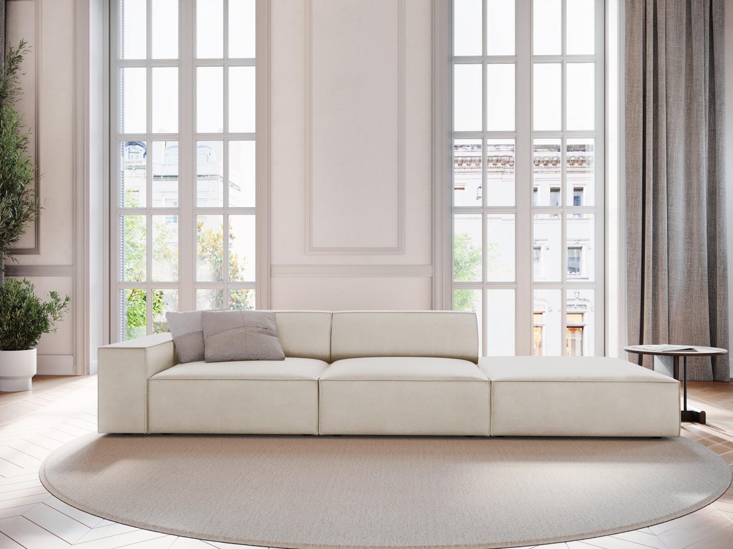 Elegantes Jodie Velour Sofa in Dunkelbeige, 3-Sitzer, modulares Design, ideal für stilvolle Wohnräume, präsentiert von Micadoni.