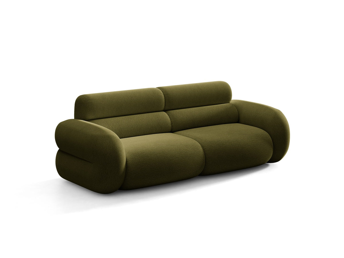 3er Sofa Neo von Micadoni in dunklem Olivgrün, mit strukturiertem Bouclé-Stoff, schwarzen Kunststoffbeinen und hoher gepolsterter Rückenlehne.