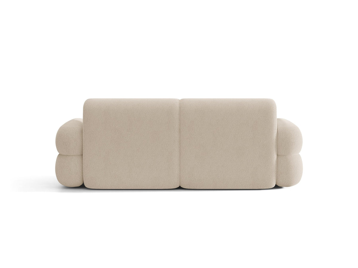 3er Sofa Neo von Micadoni in dunklem Olivgrün, mit strukturiertem Bouclé-Stoff, schwarzen Kunststoffbeinen und hoher gepolsterter Rückenlehne.