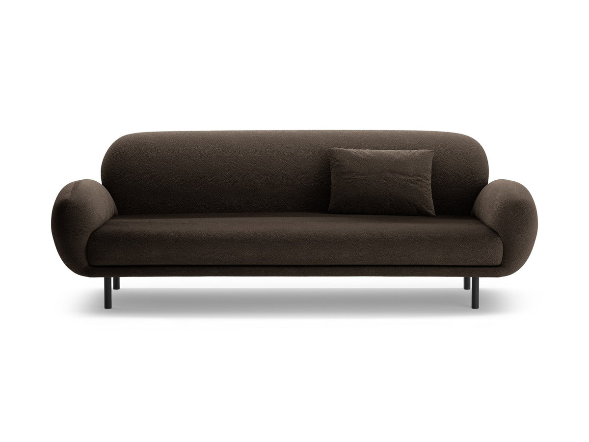 Weisses 3er Sofa Poppy von Micadoni mit strukturiertem Bouclé-Stoff, abgerundeter Silhouette und schlanken schwarzen Metallbeinen.