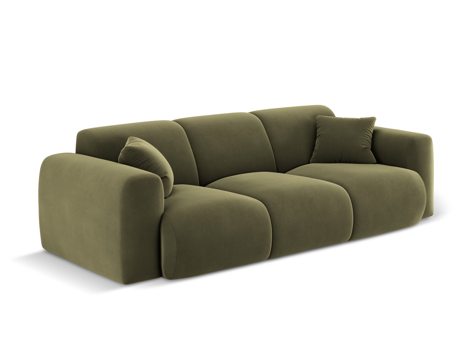 Elegantes 3-Sitzer Sofa Molino aus Velours in sanftem Grün, ideal für stilvolle Wohnräume und gemütliche Abende.