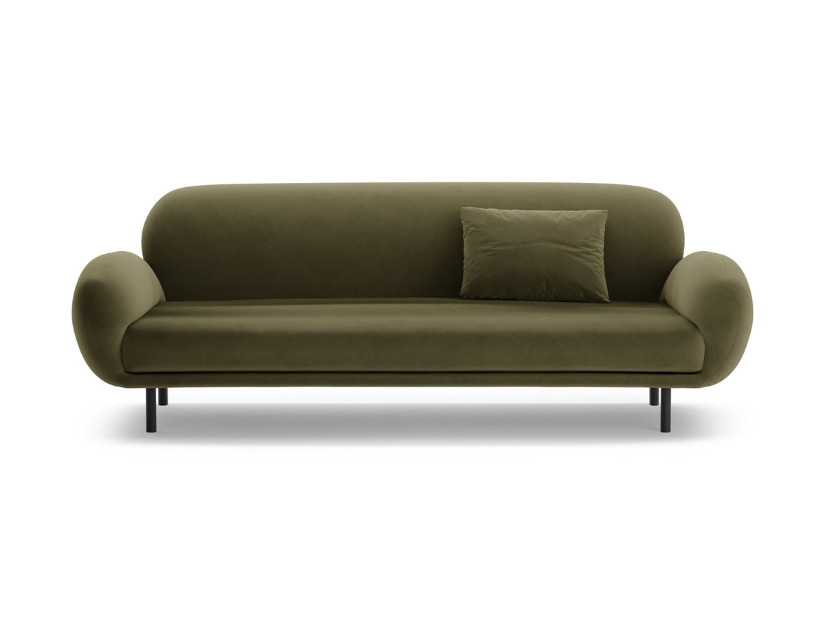 Weisses 3er Sofa Poppy von Micadoni mit strukturiertem Bouclé-Stoff, abgerundeter Silhouette und schlanken schwarzen Metallbeinen.
