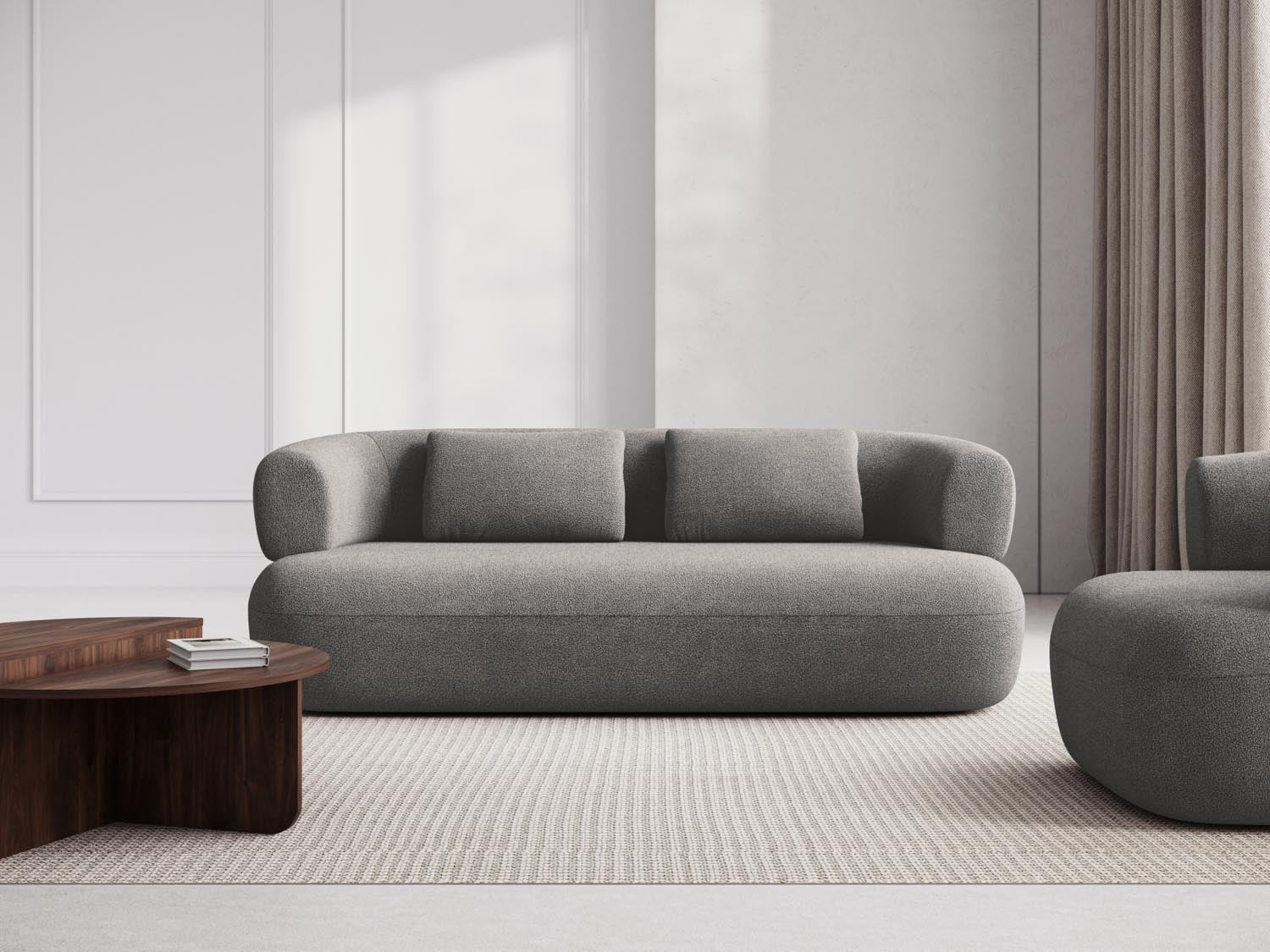 Elegantes Jenny Boucle Sofa in hellem Grau, ideal für stilvolle Wohnräume. Komfortables 3-Sitzer-Design von Micadoni.