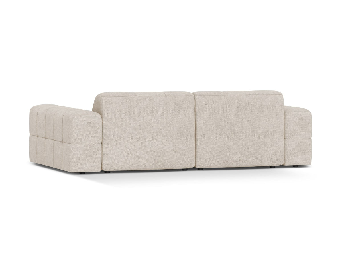 Beige gepolstertes 3er Sofa Jennifer von Micadoni mit schwarzen Kunststoffbeinen und leicht geneigter Rückenlehne, Stoffbezug Bluvel.