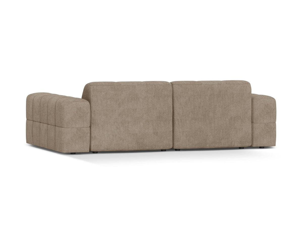 Beige gepolstertes 3er Sofa Jennifer von Micadoni mit schwarzen Kunststoffbeinen und leicht geneigter Rückenlehne, Stoffbezug Bluvel.