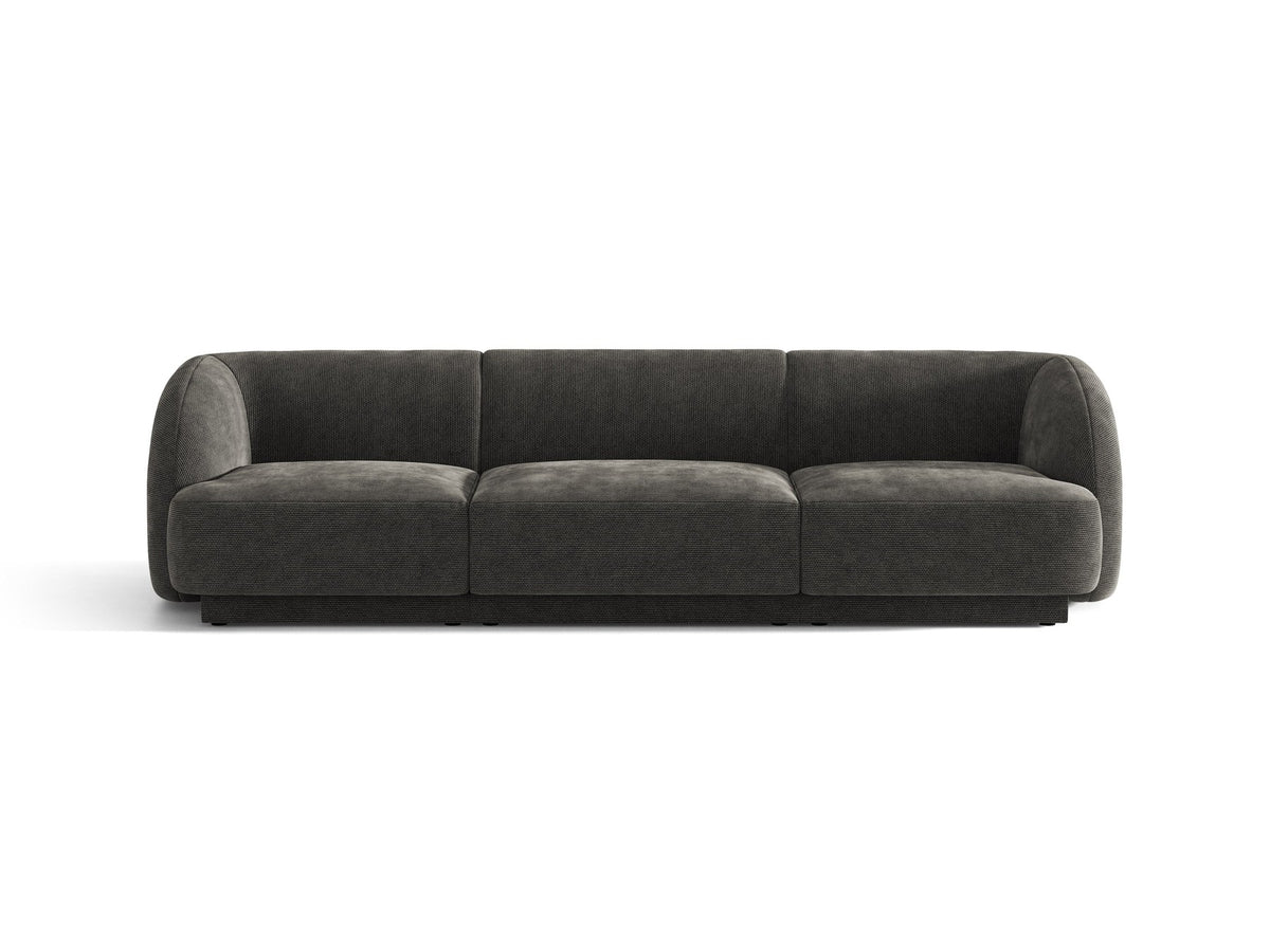 Dunkelbeiges 3er Sofa Miley von Micadoni mit Bluvel-Stoffbezug, schwarzen Kunststoffbeinen und gepolsterter Rückenlehne, Frontalansicht.