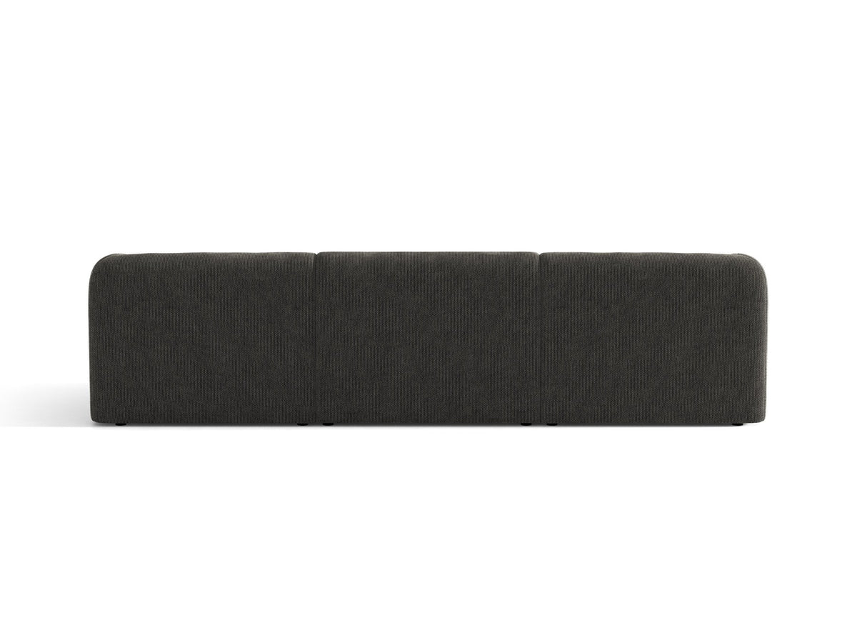 Dunkelbeiges 3er Sofa Miley von Micadoni mit Bluvel-Stoffbezug, schwarzen Kunststoffbeinen und gepolsterter Rückenlehne, Frontalansicht.