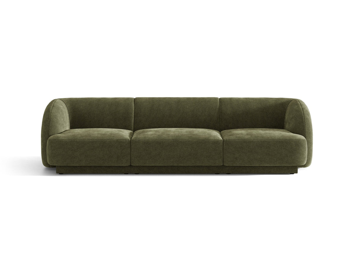 Dunkelbeiges 3er Sofa Miley von Micadoni mit Bluvel-Stoffbezug, schwarzen Kunststoffbeinen und gepolsterter Rückenlehne, Frontalansicht.