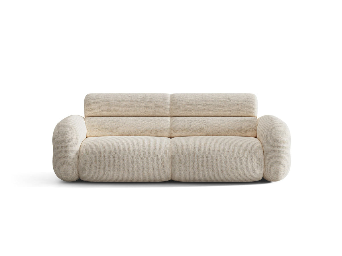 3er Sofa Neo von Micadoni in dunklem Olivgrün, mit strukturiertem Bouclé-Stoff, schwarzen Kunststoffbeinen und hoher gepolsterter Rückenlehne.