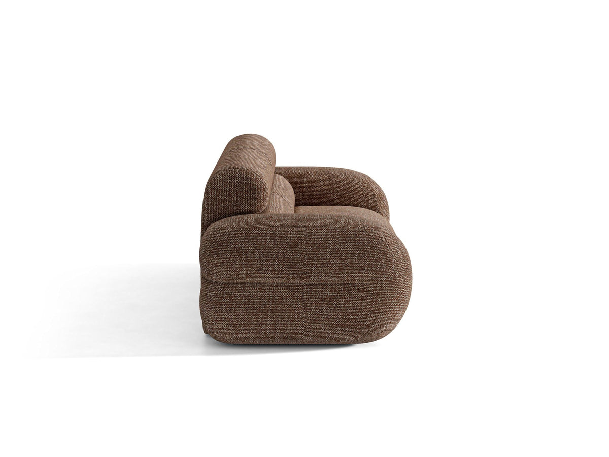 3er Sofa Neo von Micadoni in dunklem Olivgrün, mit strukturiertem Bouclé-Stoff, schwarzen Kunststoffbeinen und hoher gepolsterter Rückenlehne.