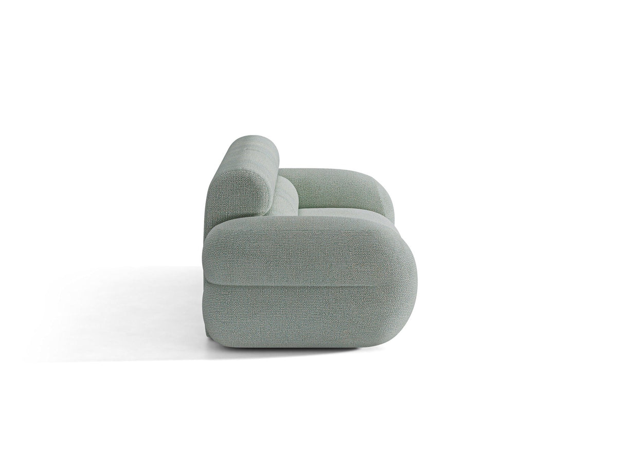 3er Sofa Neo von Micadoni in dunklem Olivgrün, mit strukturiertem Bouclé-Stoff, schwarzen Kunststoffbeinen und hoher gepolsterter Rückenlehne.