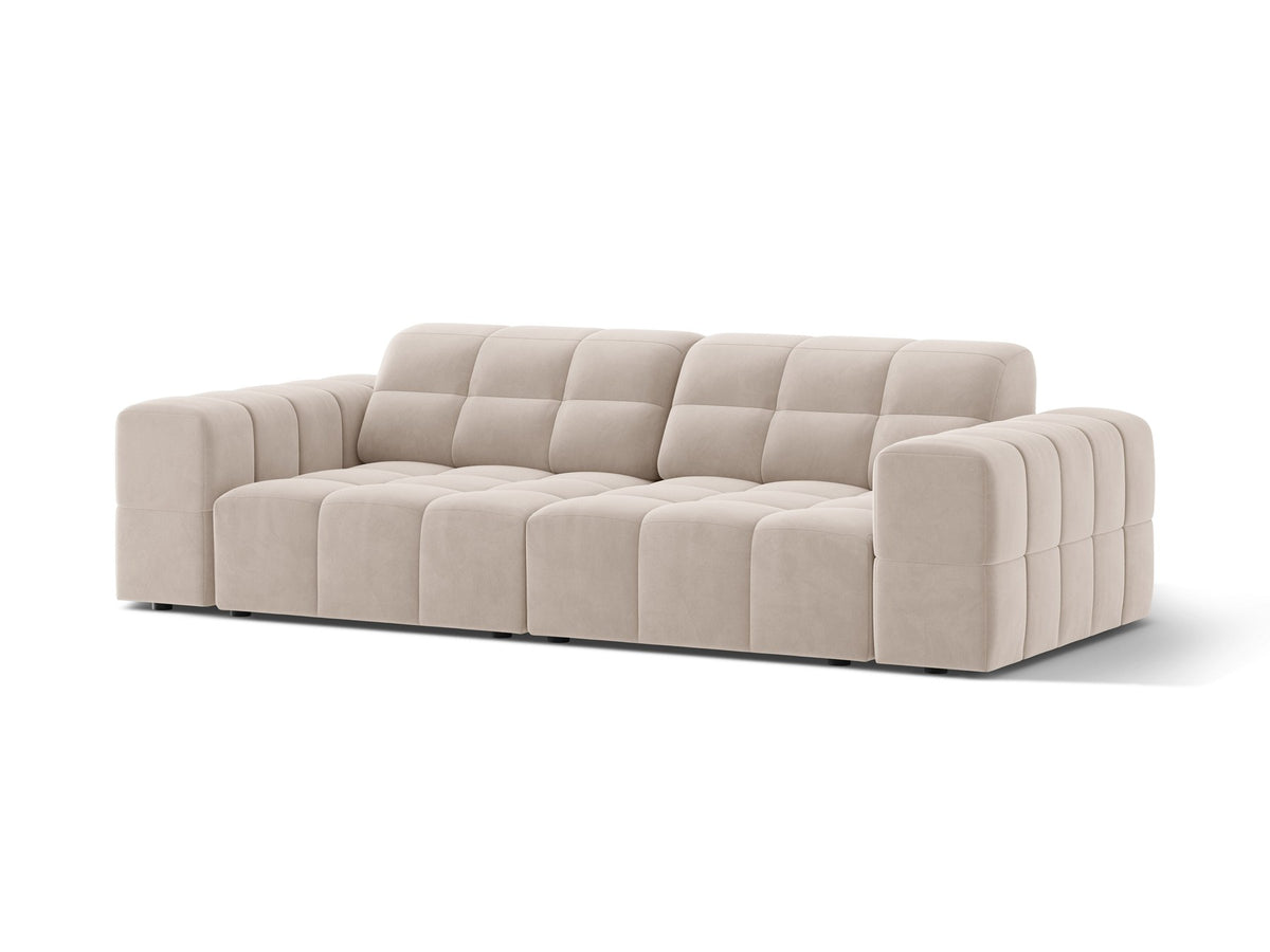 Beige gepolstertes 3er Sofa Jennifer von Micadoni mit schwarzen Kunststoffbeinen und leicht geneigter Rückenlehne, Stoffbezug Bluvel.