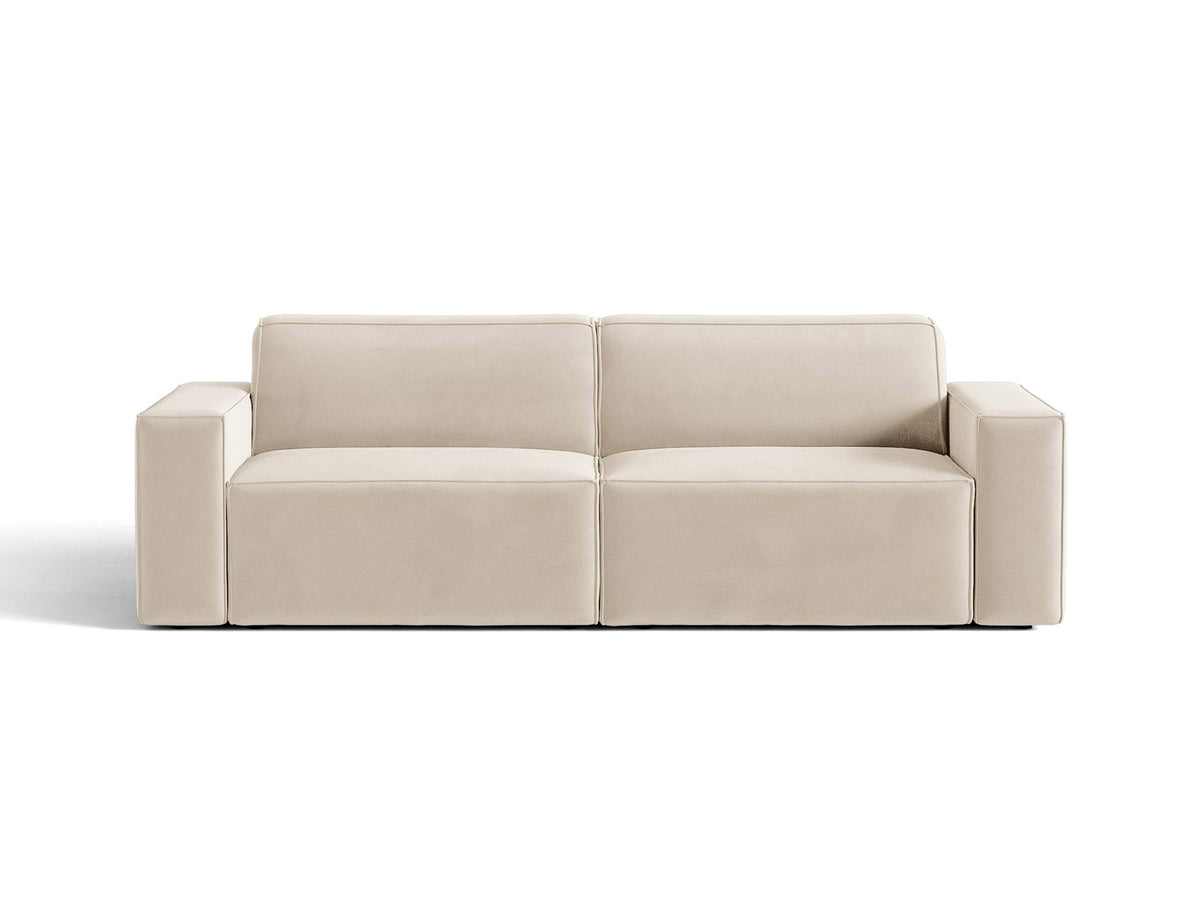 Jodie 3er Sofa von Micadoni in leichtem Beige mit Venus-Samtstoff, schwarzen Kunststoffbeinen und moderner, modularer Sitzform.