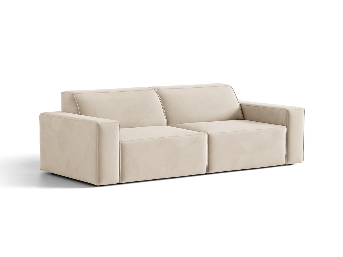 Jodie 3er Sofa von Micadoni in leichtem Beige mit Venus-Samtstoff, schwarzen Kunststoffbeinen und moderner, modularer Sitzform.