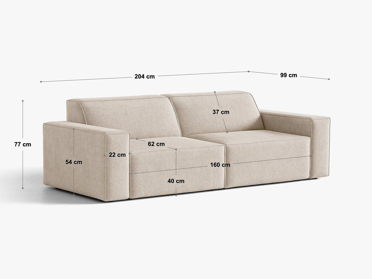 Jodie 3er Sofa von Micadoni in leichtem Beige mit Venus-Samtstoff, schwarzen Kunststoffbeinen und moderner, modularer Sitzform.