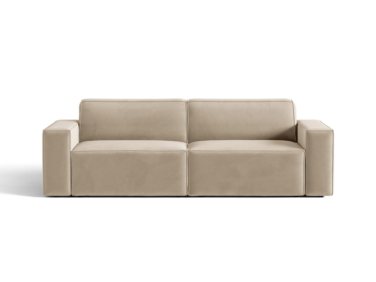 Jodie 3er Sofa von Micadoni in leichtem Beige mit Venus-Samtstoff, schwarzen Kunststoffbeinen und moderner, modularer Sitzform.