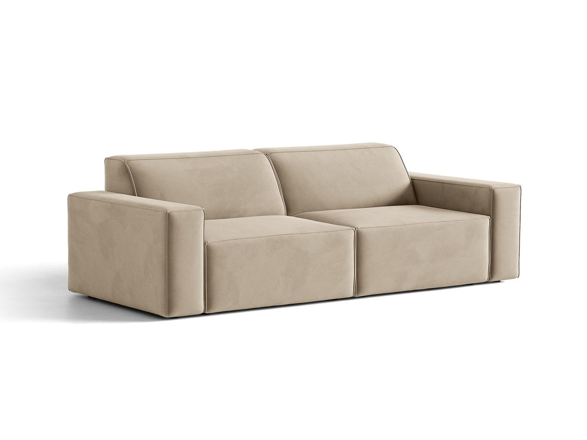 Jodie 3er Sofa von Micadoni in leichtem Beige mit Venus-Samtstoff, schwarzen Kunststoffbeinen und moderner, modularer Sitzform.