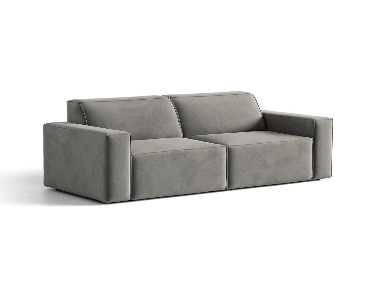 Jodie 3er Sofa von Micadoni in leichtem Beige mit Venus-Samtstoff, schwarzen Kunststoffbeinen und moderner, modularer Sitzform.