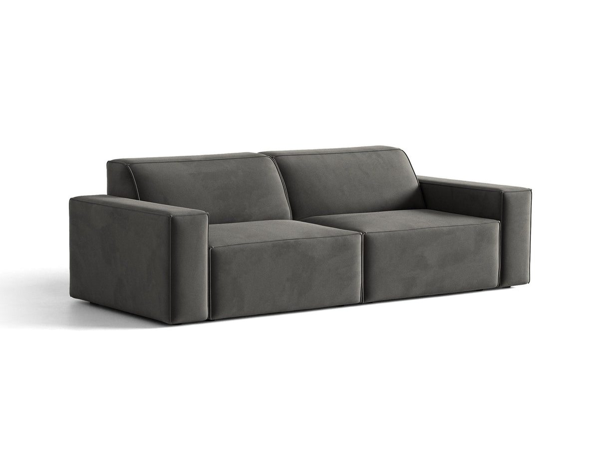 Jodie 3er Sofa von Micadoni in leichtem Beige mit Venus-Samtstoff, schwarzen Kunststoffbeinen und moderner, modularer Sitzform.