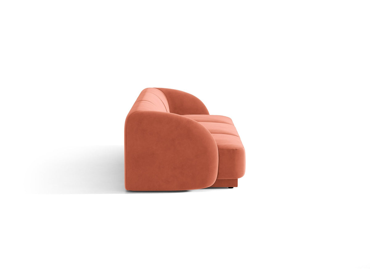 Dunkelbeiges 3er Sofa Miley von Micadoni mit Bluvel-Stoffbezug, schwarzen Kunststoffbeinen und gepolsterter Rückenlehne, Frontalansicht.