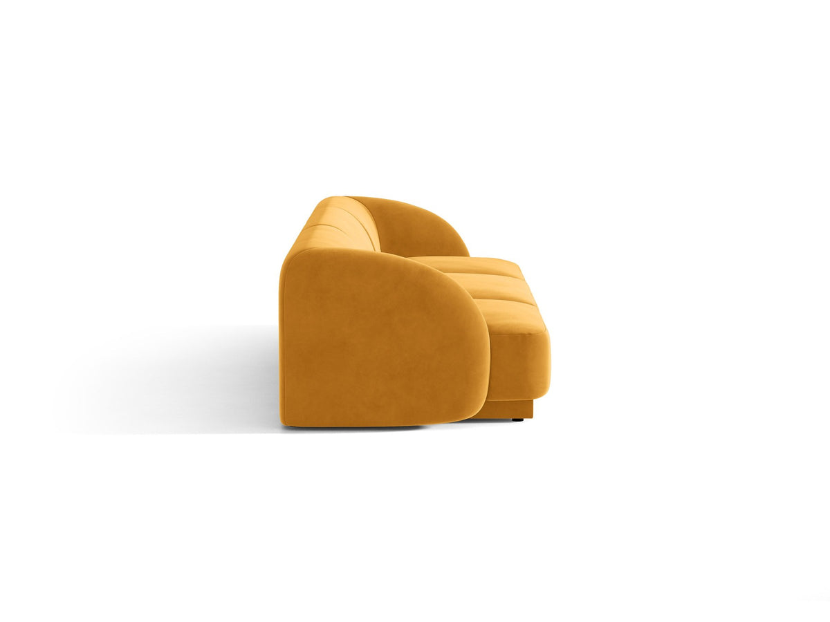 Dunkelbeiges 3er Sofa Miley von Micadoni mit Bluvel-Stoffbezug, schwarzen Kunststoffbeinen und gepolsterter Rückenlehne, Frontalansicht.