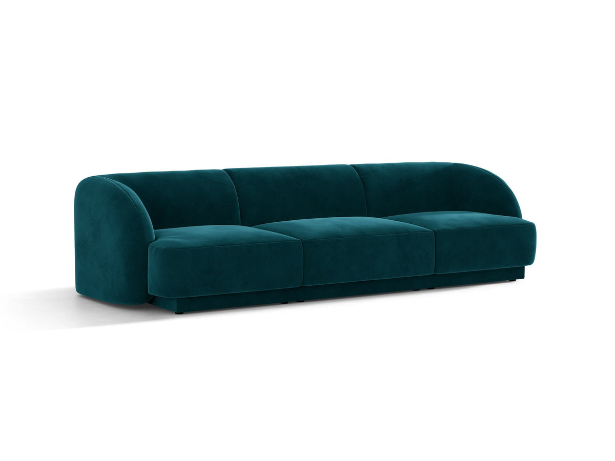 Dunkelbeiges 3er Sofa Miley von Micadoni mit Bluvel-Stoffbezug, schwarzen Kunststoffbeinen und gepolsterter Rückenlehne, Frontalansicht.