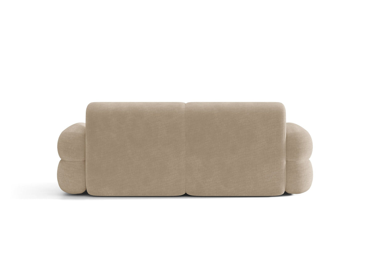 3er Sofa Neo von Micadoni in dunklem Olivgrün, mit strukturiertem Bouclé-Stoff, schwarzen Kunststoffbeinen und hoher gepolsterter Rückenlehne.
