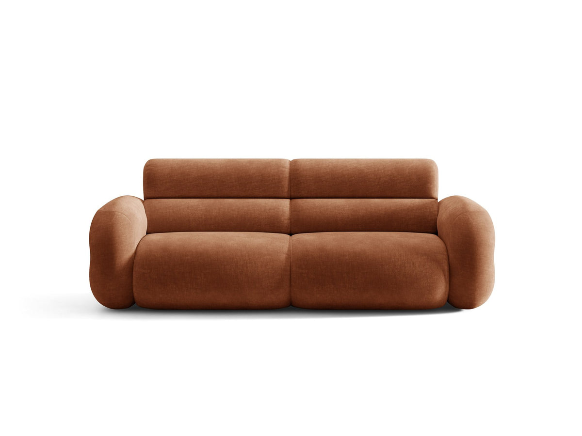 3er Sofa Neo von Micadoni in dunklem Olivgrün, mit strukturiertem Bouclé-Stoff, schwarzen Kunststoffbeinen und hoher gepolsterter Rückenlehne.