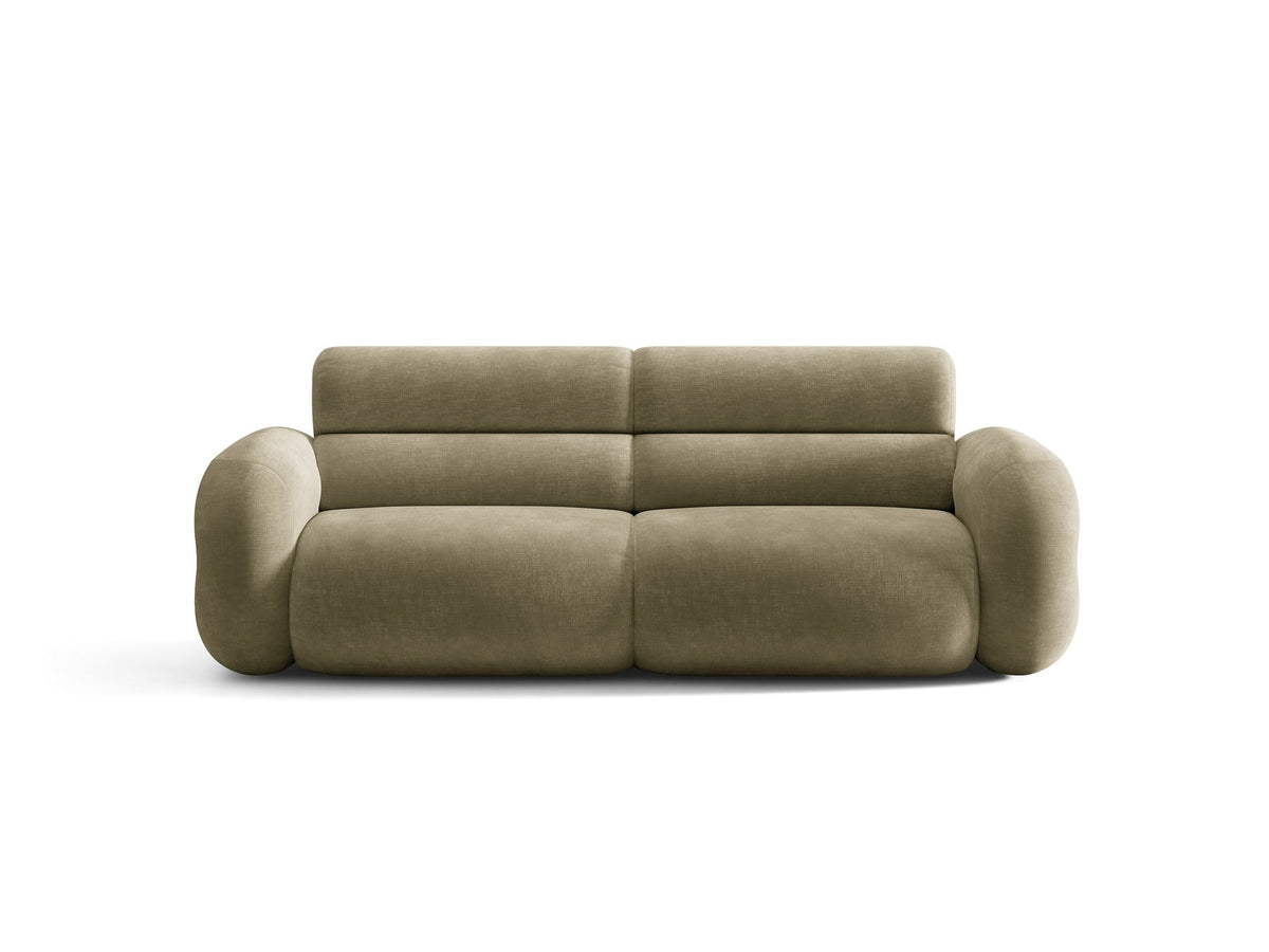 3er Sofa Neo von Micadoni in dunklem Olivgrün, mit strukturiertem Bouclé-Stoff, schwarzen Kunststoffbeinen und hoher gepolsterter Rückenlehne.