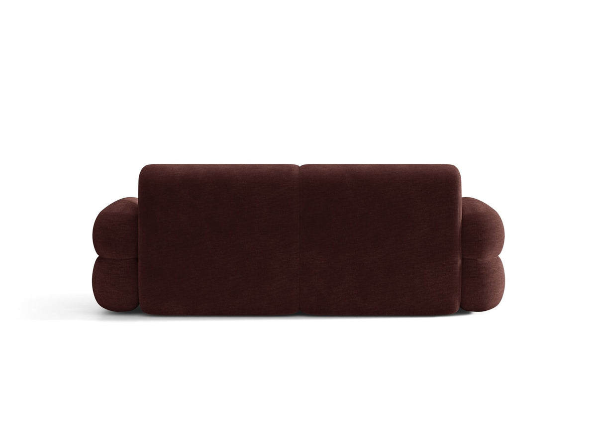 3er Sofa Neo von Micadoni in dunklem Olivgrün, mit strukturiertem Bouclé-Stoff, schwarzen Kunststoffbeinen und hoher gepolsterter Rückenlehne.
