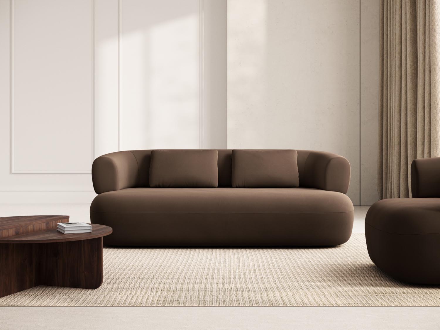 Elegantes Jenny Velour Sofa in Schokoladenfarbe, ideal für stilvolle Wohnräume. Komfortables 3-Sitzer Design von Micadoni.