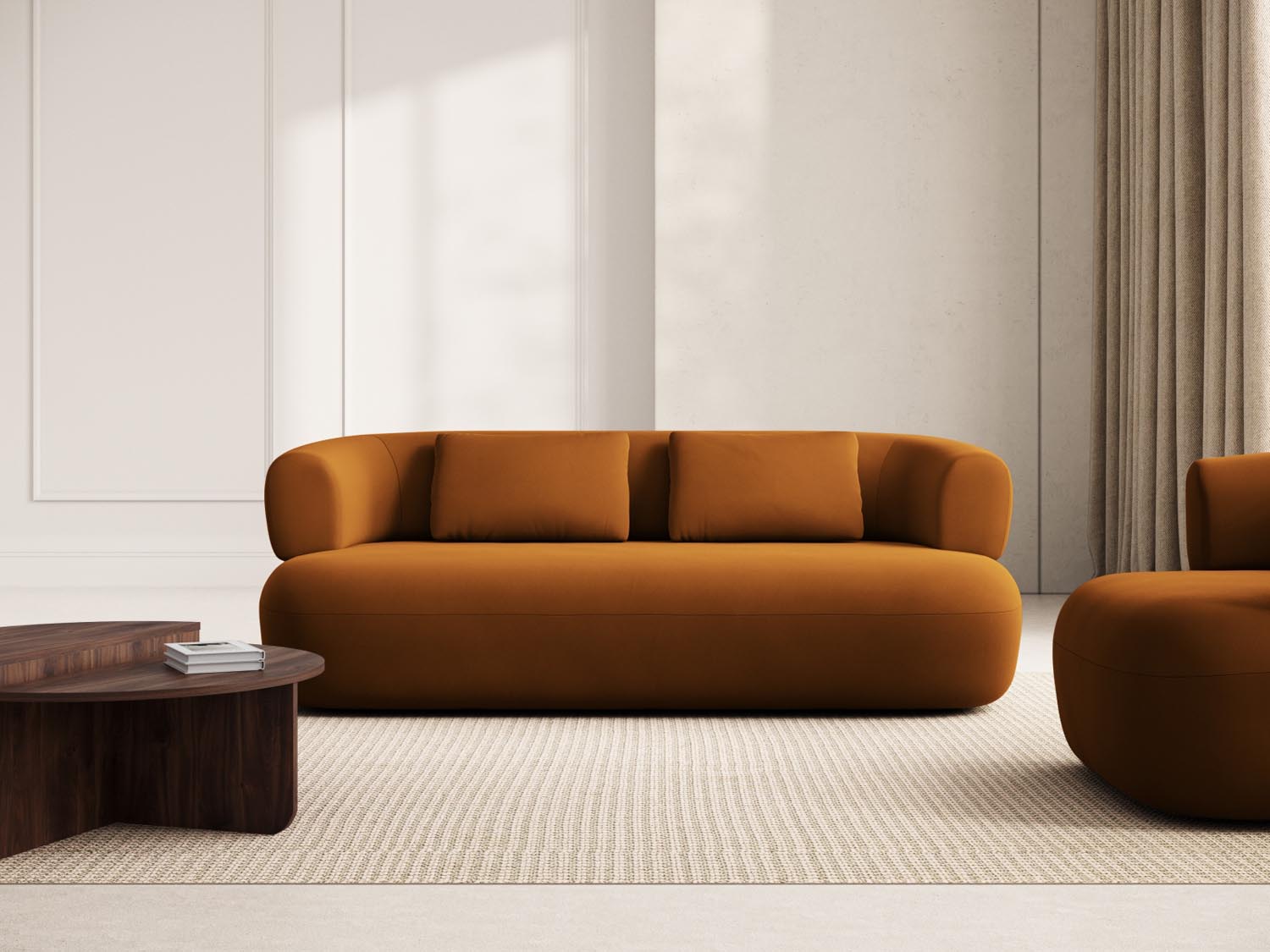 Elegantes Jenny Velour Sofa in sanftem Pink, ideal für stilvolle Wohnräume. Komfortables 3-Sitzer-Design von Micadoni.