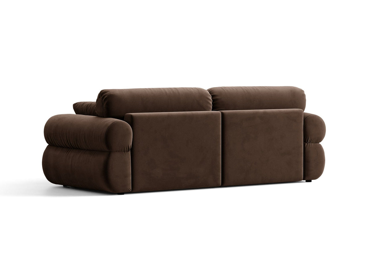 3er Sofa Ophelia von Micadoni in Beige mit Liberty Stoffbezug, niedriger Rückenlehne und schwarzen Kunststoffbeinen, modulare Bauweise sichtbar.