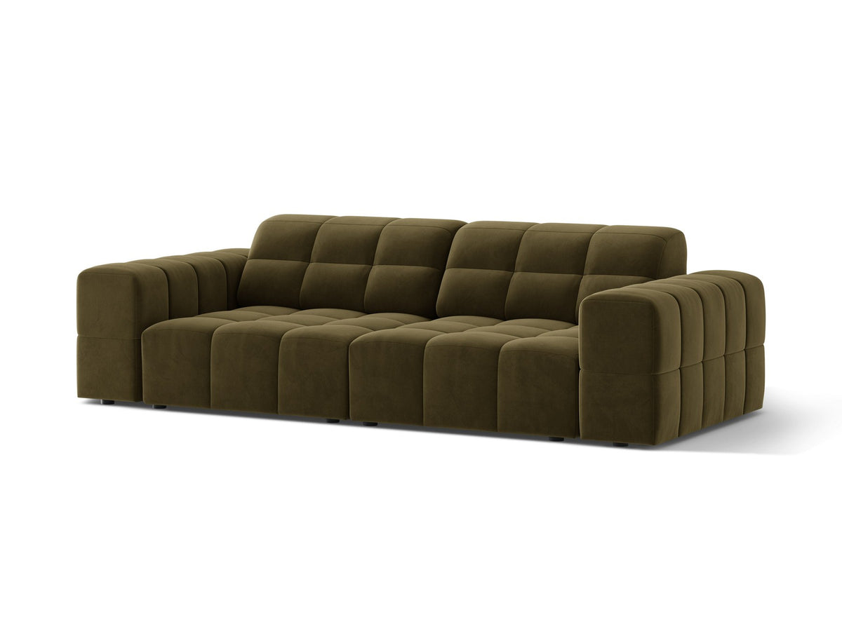Beige gepolstertes 3er Sofa Jennifer von Micadoni mit schwarzen Kunststoffbeinen und leicht geneigter Rückenlehne, Stoffbezug Bluvel.