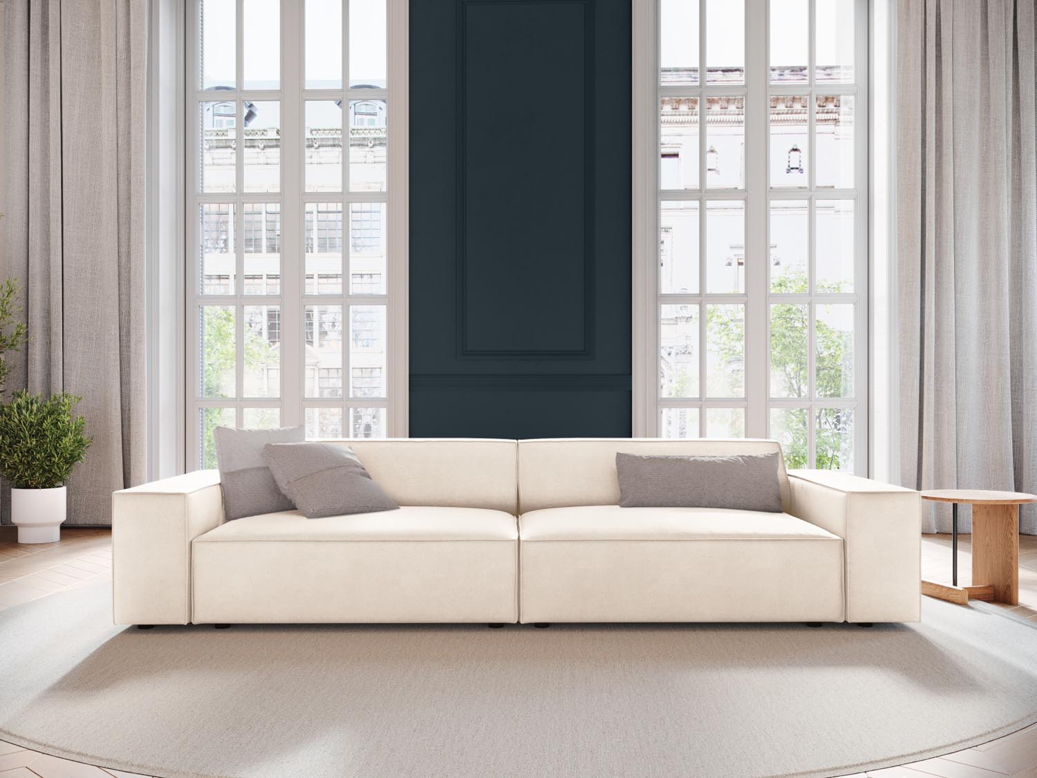 Elegantes Jodie Velour 3-Sitzer Sofa in sanften Beige-Tönen, ideal für stilvolle Wohnräume und gemütliche Abende.