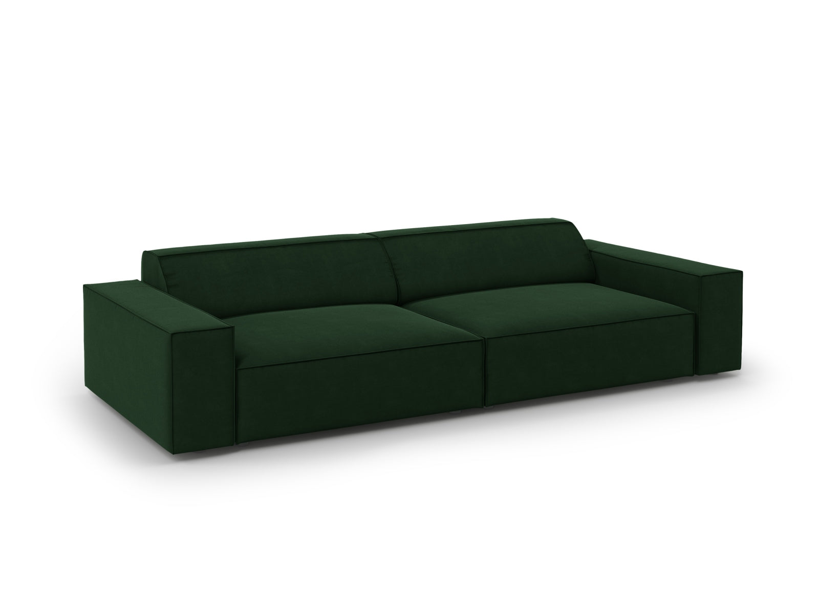 Elegantes 3-Sitzer Sofa Jodie aus weichem Velours in stilvollem Flaschengrün, ideal für zeitgemäße und einladende Wohnräume.