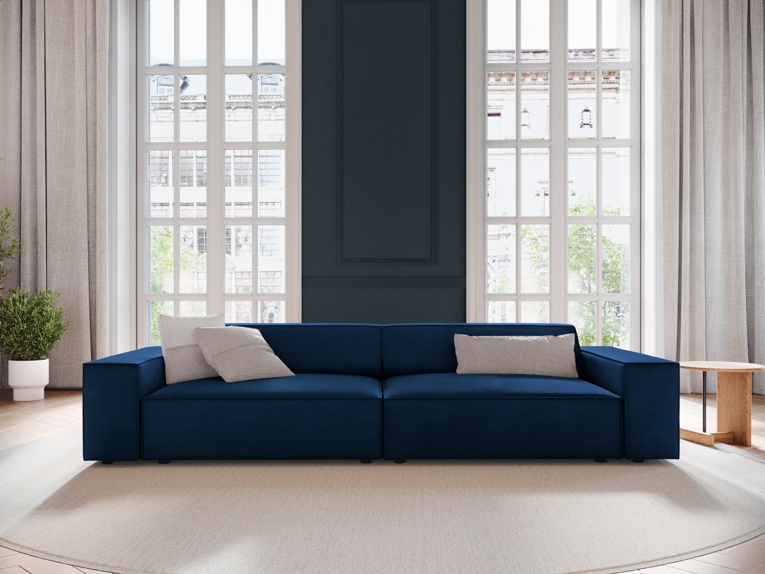 Elegantes Jodie Velour 3-Sitzer Sofa in Royal Blue, ideal für stilvolle Wohnräume, präsentiert in einem modernen Ambiente.