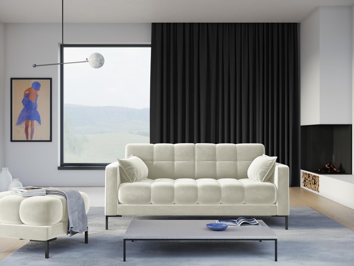 Elegantes Mamaia Velour Sofa in sanften Beige- und Schwarz-Tönen, ideal für stilvolle Wohnräume und gemütliche Abende.