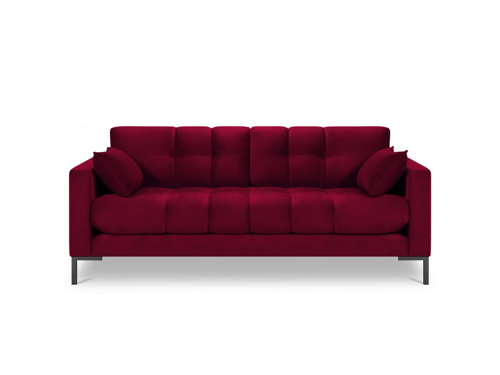 Stilvolles 3-Sitzer Sofa Mamaia aus Velours in edlem Rot und Schwarz, perfekt für moderne Wohnkonzepte und gemütliche Abende.