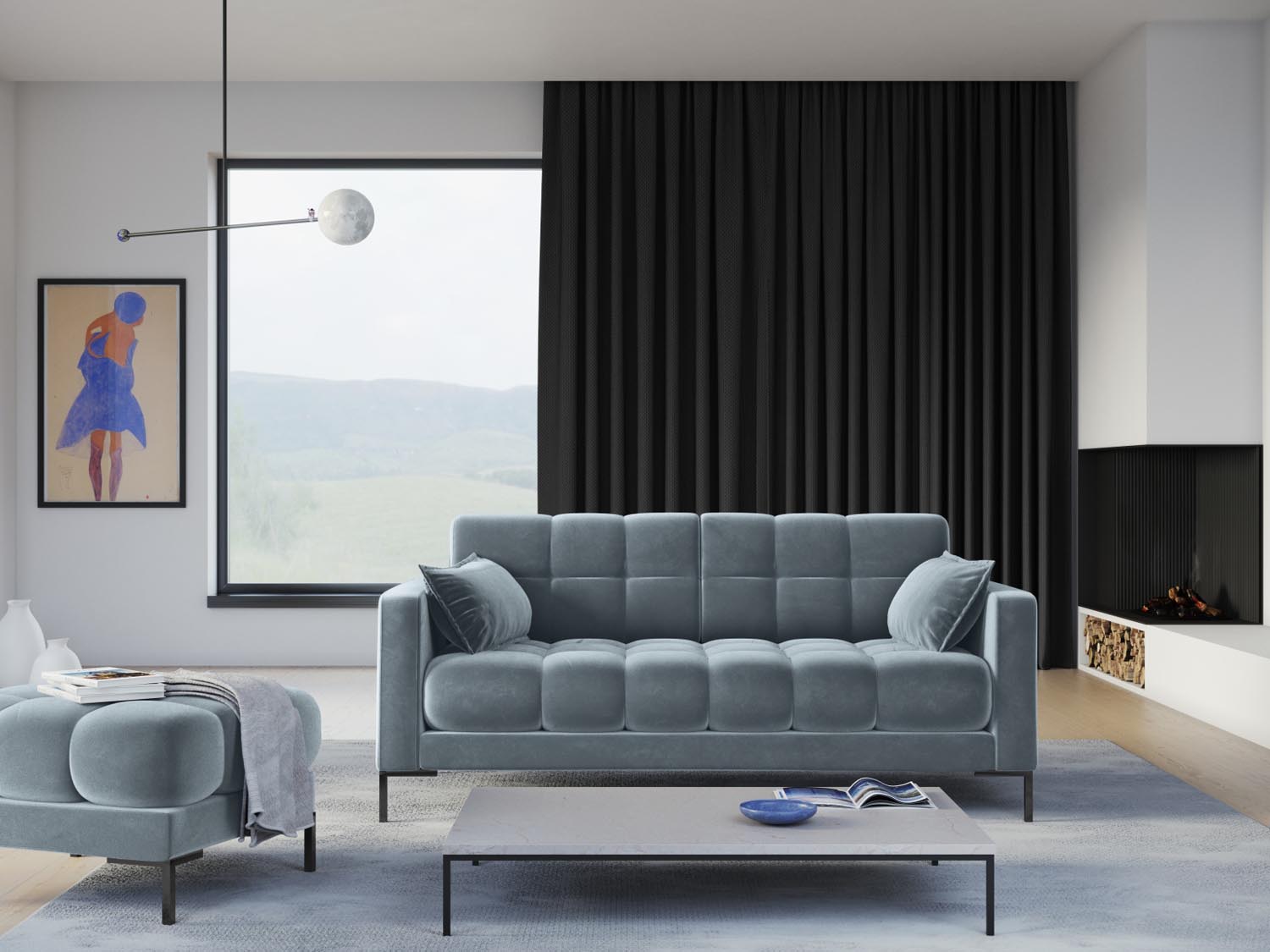 Elegantes Mamaia Velour Sofa in sanftem Hellblau und Schwarz, ideal für stilvolle Wohnräume. Komfort und Design vereint.