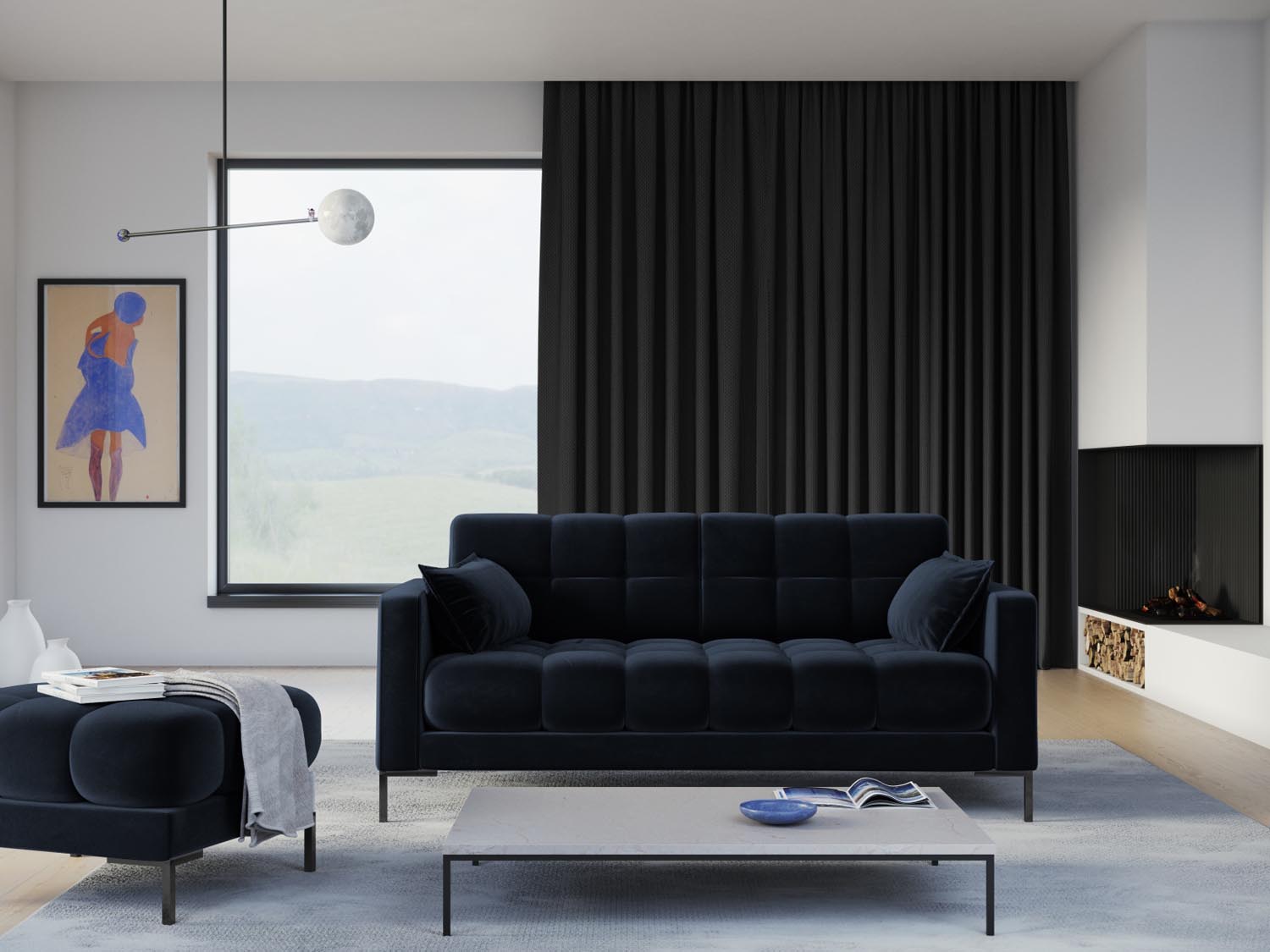 Elegantes Mamaia Velour Sofa in Dunkelblau, ideal für stilvolle Wohnräume. Komfortabler 3-Sitzer von Micadoni, perfekt für entspannte Abende.