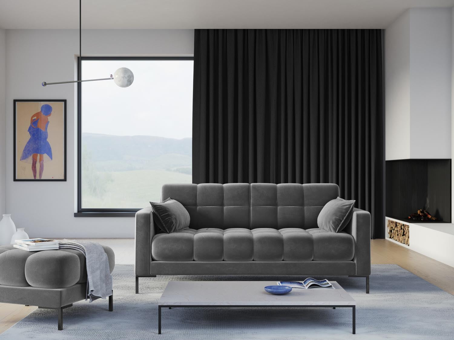 Elegantes Mamaia Velour Sofa in sanftem Grau und Schwarz-Bluvel, ideal für stilvolle Wohnräume. Komfort und Design vereint.