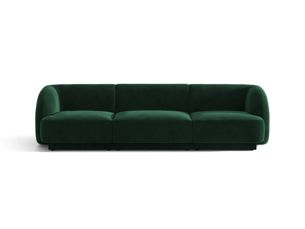 Dunkelbeiges 3er Sofa Miley von Micadoni mit Bluvel-Stoffbezug, schwarzen Kunststoffbeinen und gepolsterter Rückenlehne, Frontalansicht.
