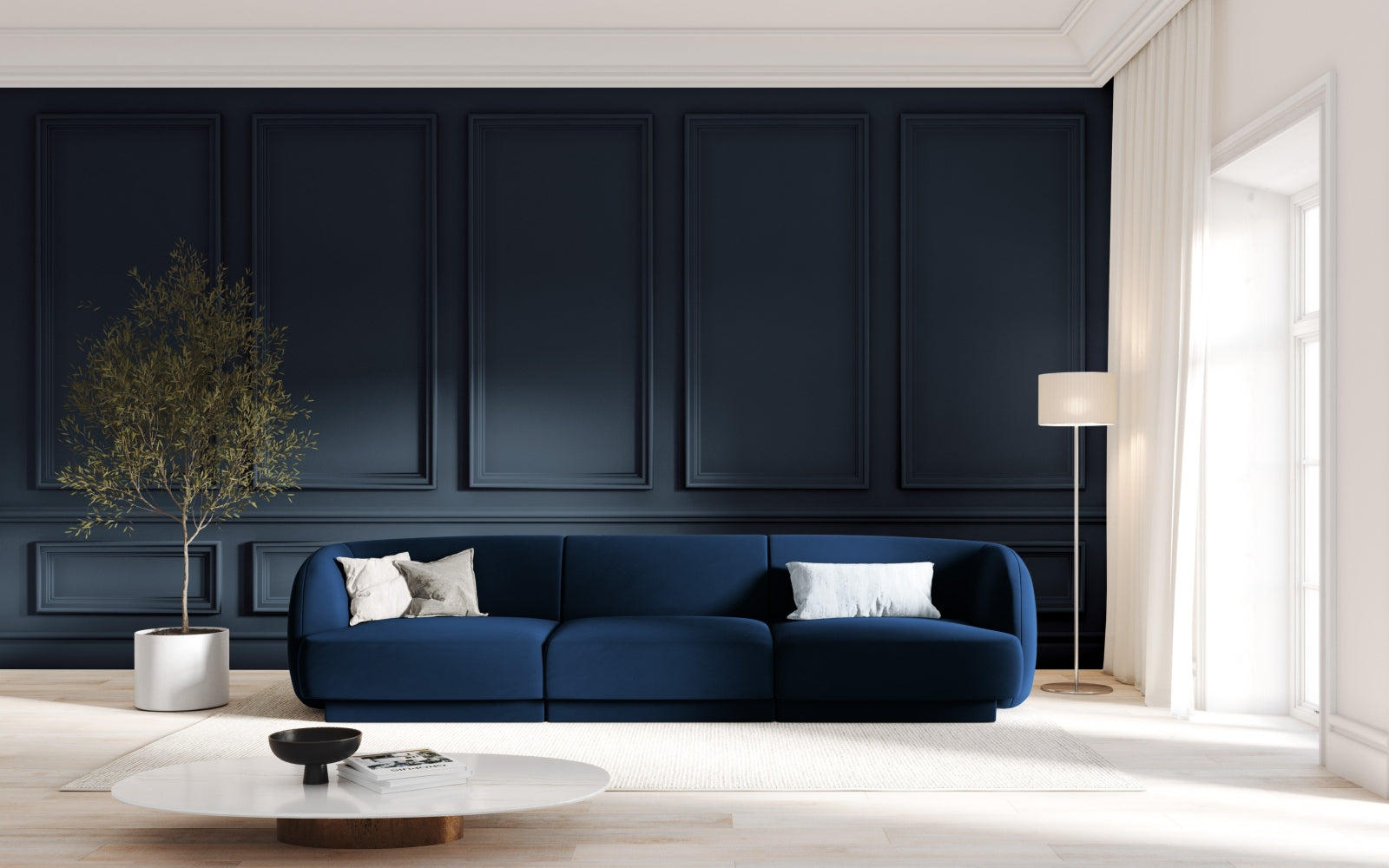 Elegantes Miley Velour Sofa in Royalblau, 3-Sitzer von Micadoni, stilvoll und komfortabel für jedes Wohnzimmer.