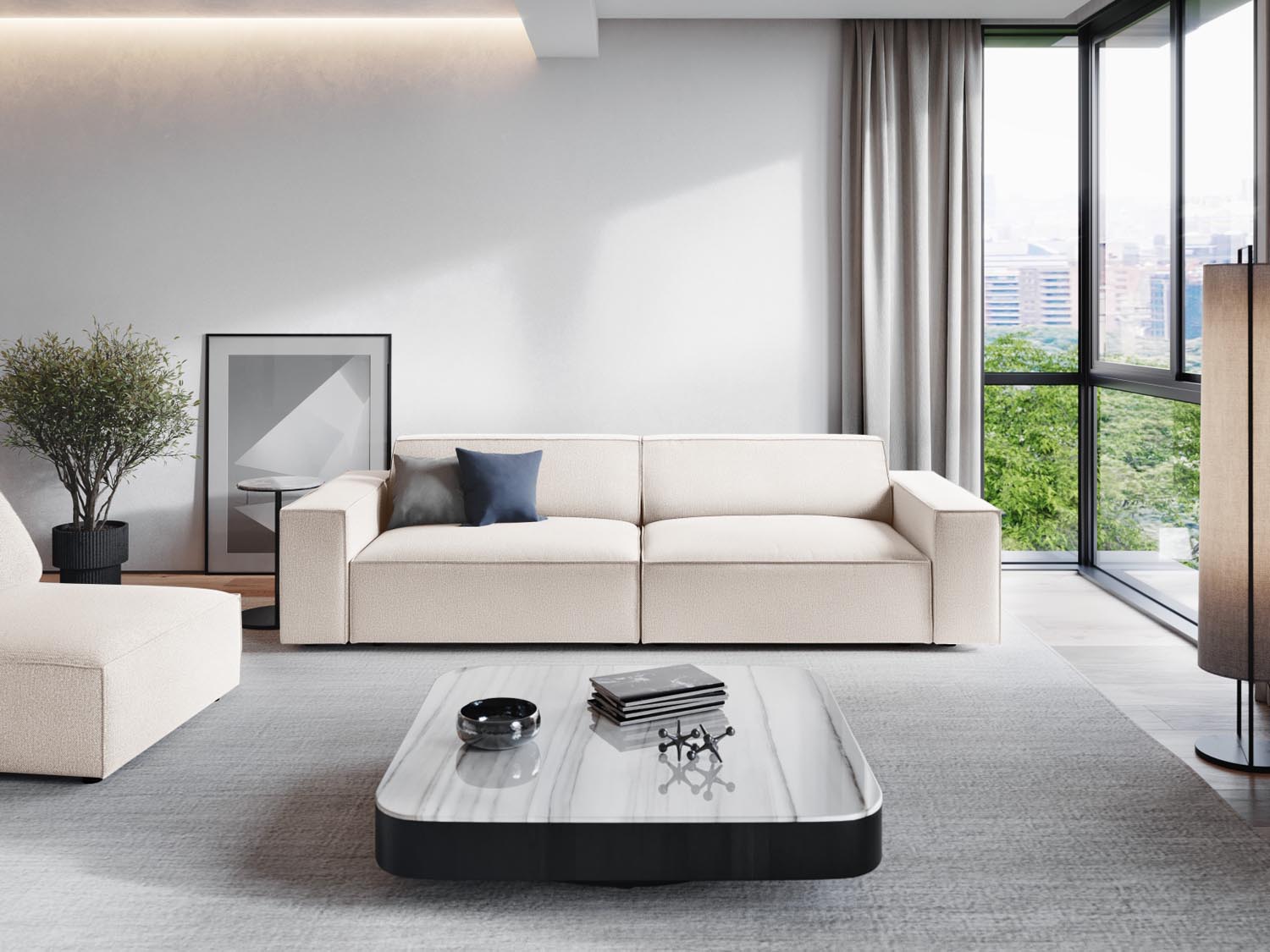 Elegantes Jodie 3-Sitzer Sofa in hellem Beige, ideal für moderne Wohnräume, präsentiert von Micadoni im stilvollen Ambiente.