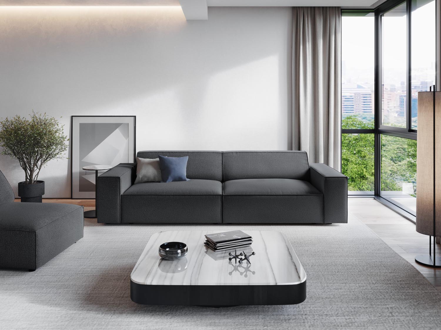 Elegantes 3-Sitzer Sofa Jodie in Dunkelgrau, ideal für moderne Wohnräume, präsentiert in stilvollem Ambiente.