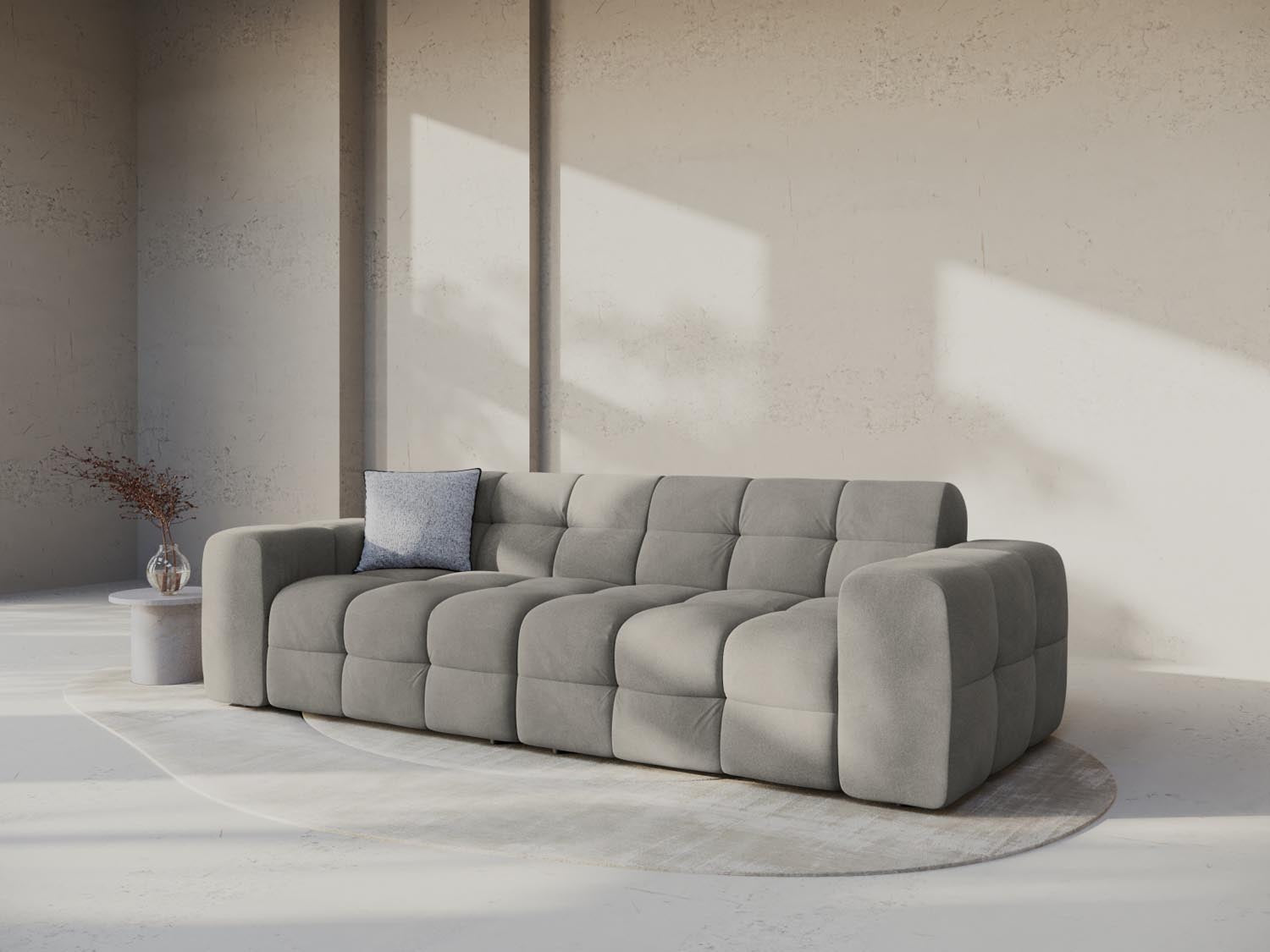 Elegantes Kendal Velour Sofa in Dunkelgrau, ideal für stilvolle Wohnräume. Komfortables 4-Sitzer Design von Micadoni.