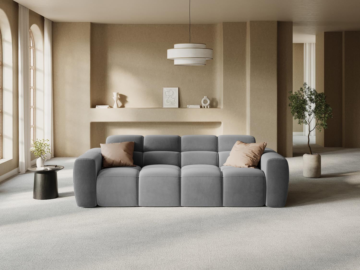 Erleben Sie das elegante Lisa Velour Sofa 4 Sitzer von Micadoni. Perfekt für Ihr modernes Zuhause, vereint es Komfort und stilvolles Design.