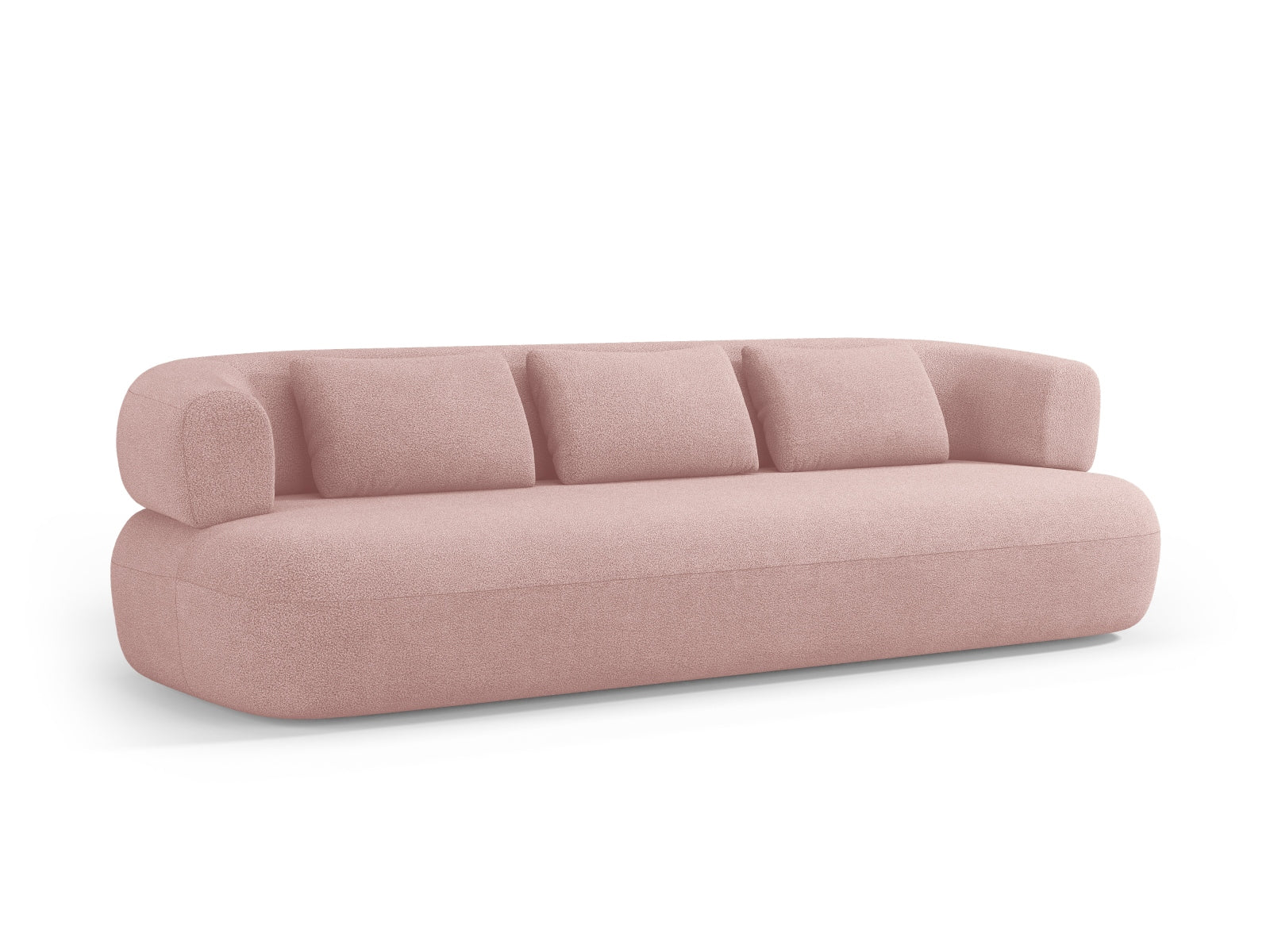 Gemütliches 4-Sitzer Jenny Boucle Sofa in zartem Powder Pink, ideal für moderne Wohnzimmer und entspannte Zusammenkünfte.